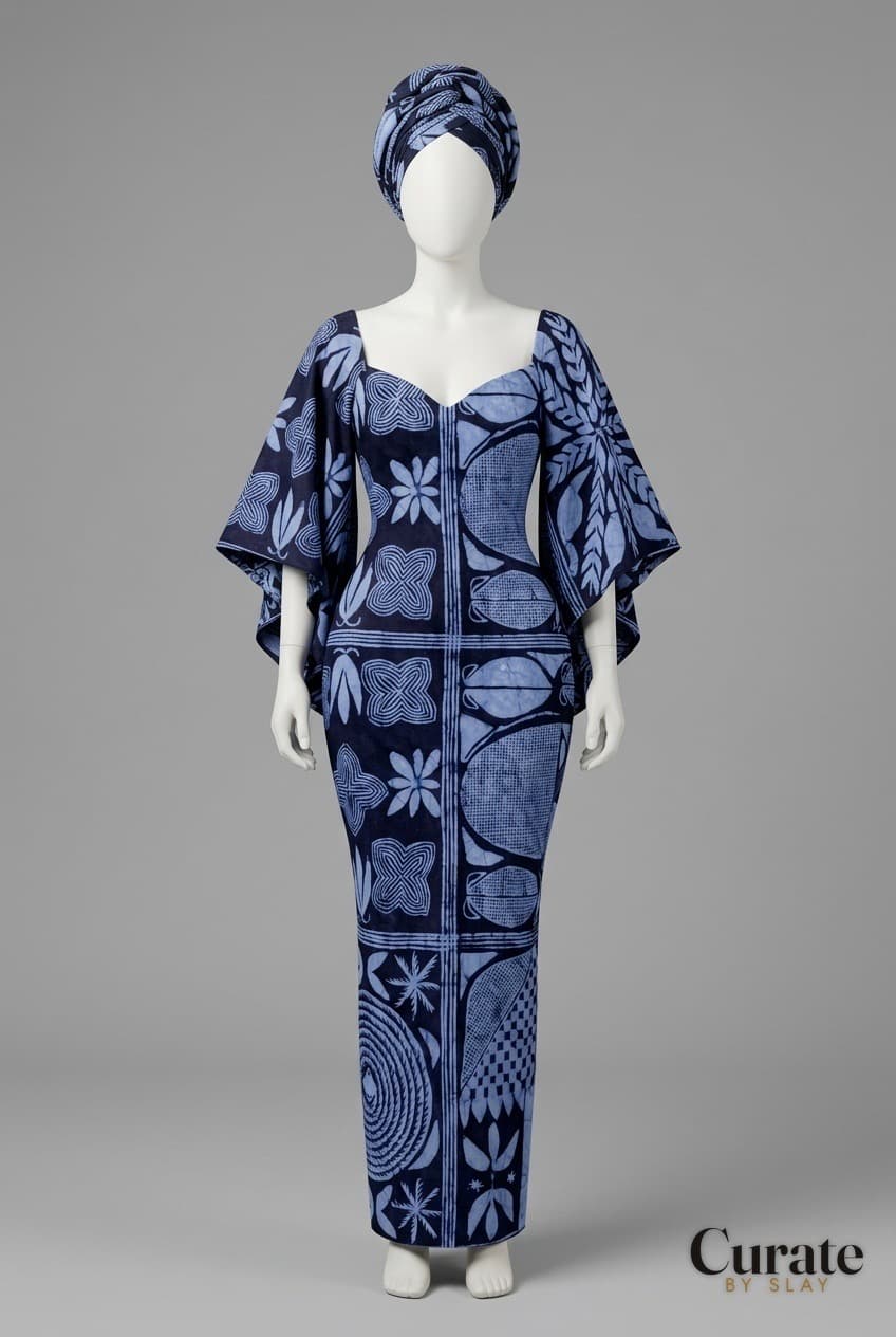 Modern adire bias-cut dress generated by Curate by Slay