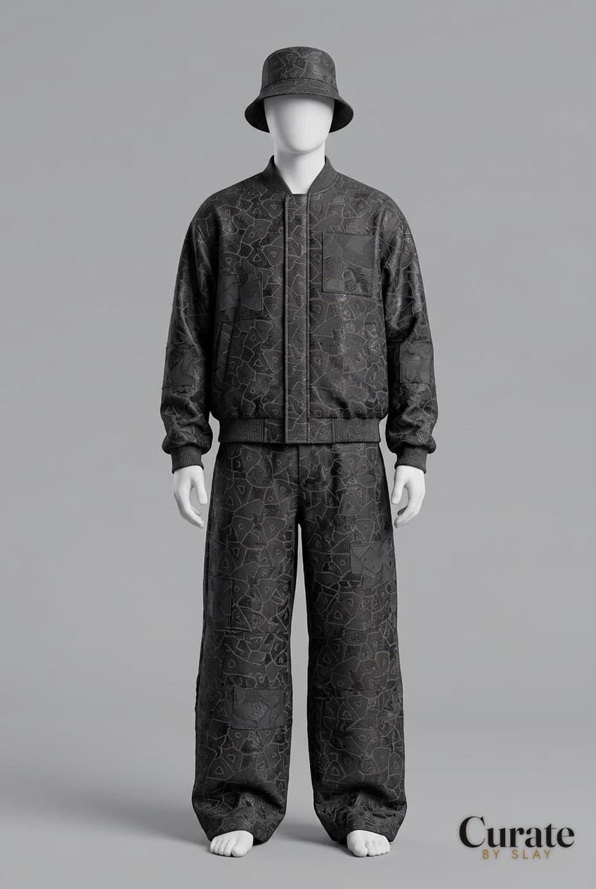 Native-fabric streetwear bomber look generated by Curate by Slay